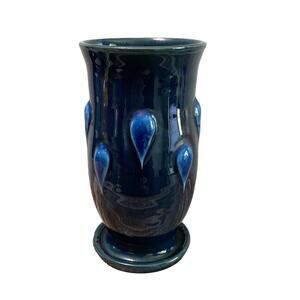 Vintage Mid Century Glazed Art Pottery Vase Made in Italy 6.75" Blue Tear Drop